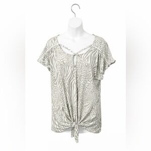 Animal Print Tie Front Top | Gray & White Blouse | Flutter Sleeve | Size L